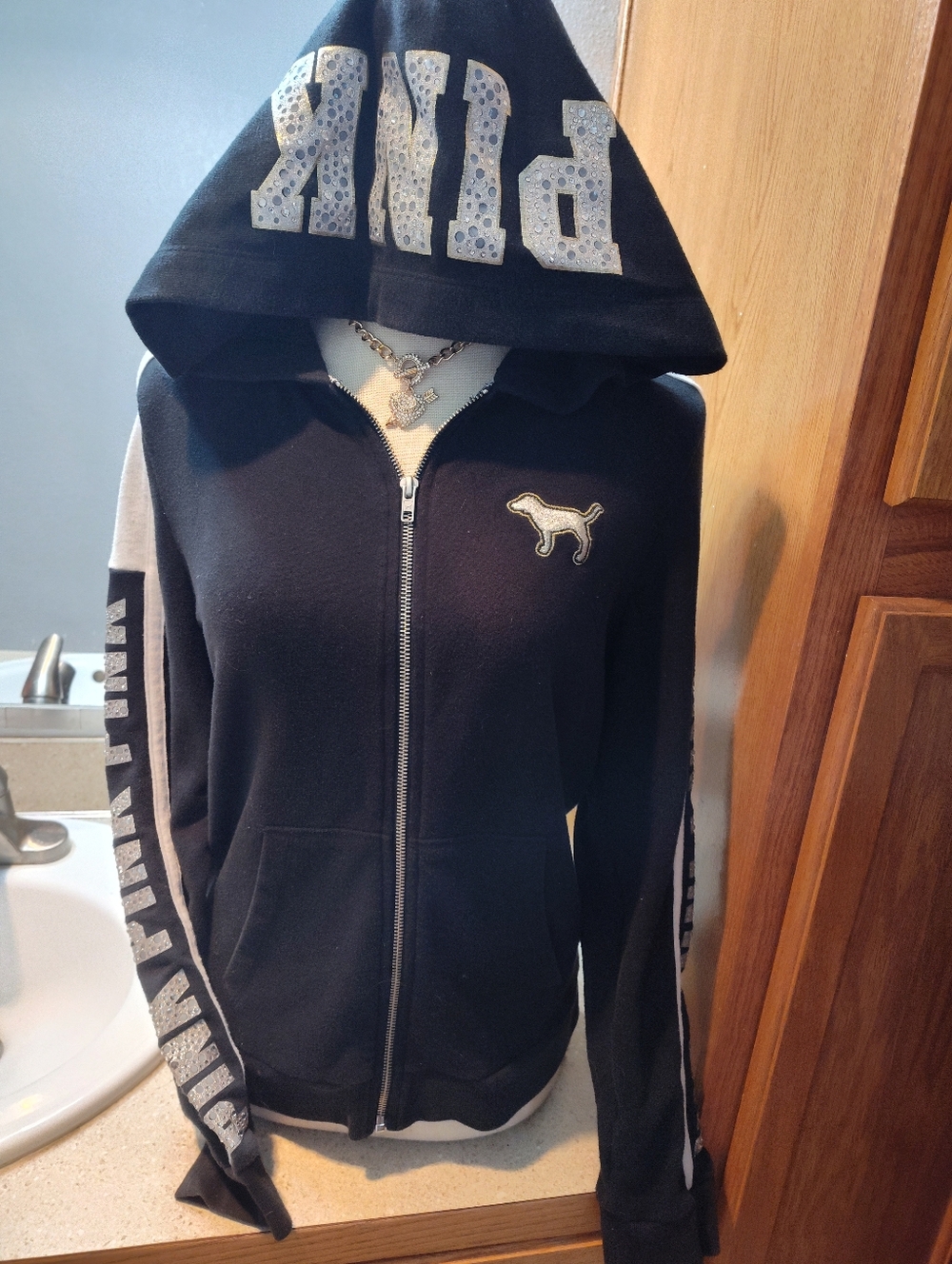 PINK Sequin Logo Black Zip-Up Hoodie Limited Edition